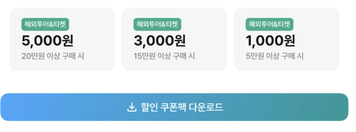 마이리얼트립 할인 쿠폰팩 다운로드 화면: 해외투어·티켓 5,000원(20만원 이상), 3,000원(15만원 이상), 1,000원(5만원 이상)